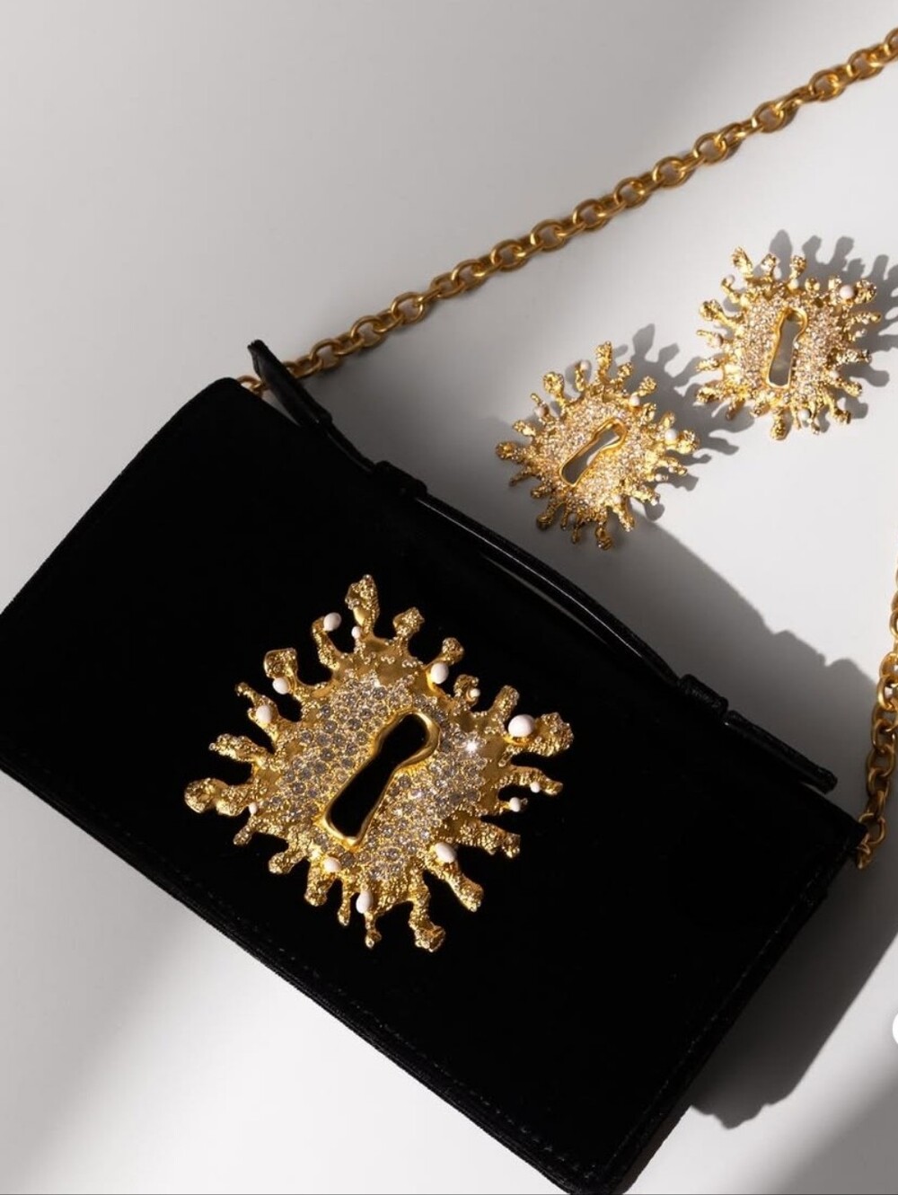 Schiaparelli Kehhole  Buckle Black velvet Clutch/Bag w detachable chain strap